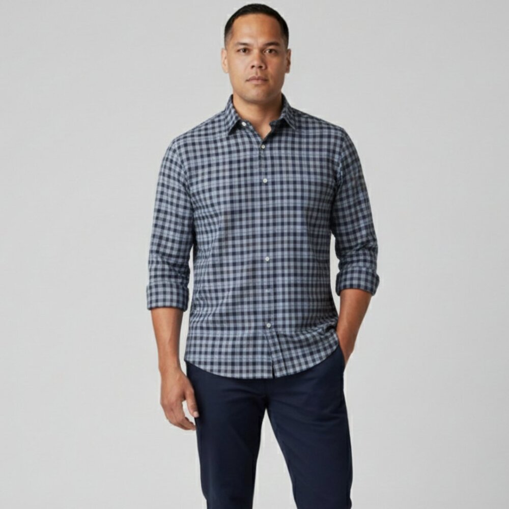 Ledbury Blue and Brown Plaid Slim Fit Long Sleeve Button Down